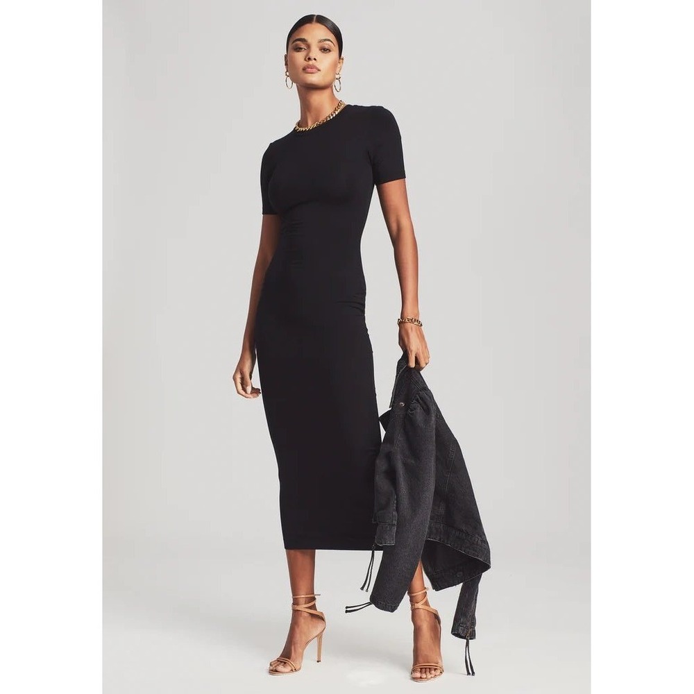 Simon Miller Black Ribbed Short Sleeve Midi Bodycon Dress Size 0